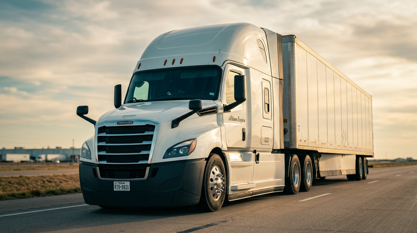 Freightliner semi-truck hauling a dry van trailer across an American interstate at sunset